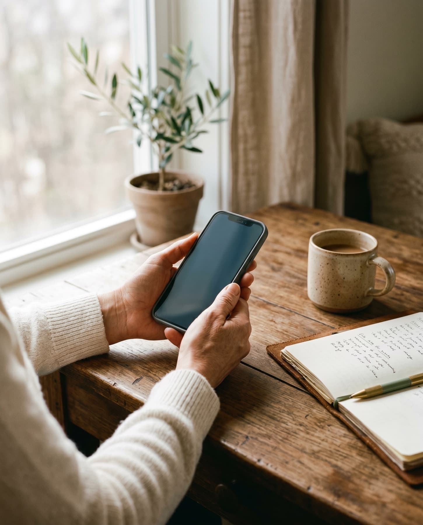 A person holding their phone after a call at a sunlit wooden desk